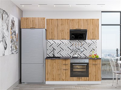 Кухонный гарнитур модульный Флэт-01 В*Ш*Г 2140*2600*600, фасад ЛДСП  Wotan Oak 2S, корпус  Белый, столешница  Мрамор черный ms2510VVT_53340