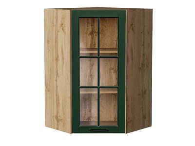 Шкаф верхний угловой остекленный Дублин Дуб Вотан, Special Green, 920 В*Ш*Г 920*600*600, фасад МДФ/Стекло  Special Green, корпус  Дуб Вотан ms2510VVT_74283