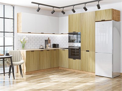 Кухонный гарнитур модульный Евро Лайн-03 В*Ш*Г 2140*2150/2800*600, фасад МДФ  Белый/Дуб песочный, корпус  Дуб Вотан, столешница  Дуб сонома ms2510VVT_79781