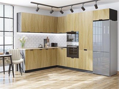 Кухонный гарнитур модульный Евро Лайн-03 В*Ш*Г 2140*2150/2800*600, фасад МДФ  Дуб песочный, корпус  Graphite, столешница  Дуб сонома ms2510VVT_79782