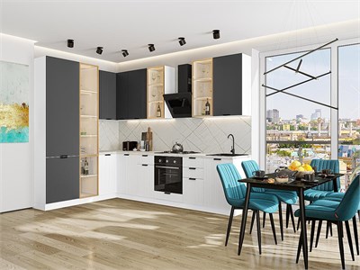 Кухонный гарнитур модульный Евро Лайн-07 В*Ш*Г 2340*2000/3000*600, фасад МДФ  Антрацит/Белый, корпус  Белый, столешница  Пирит светлый ms2510VVT_79634