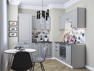 Кухонный гарнитур модульный Ницца Royal-03 В*Ш*Г 2140*1600/1600*600, фасад МДФ/Стекло  Magnum, корпус  Белый, столешница  Черный детройт ms2510VVT_26932