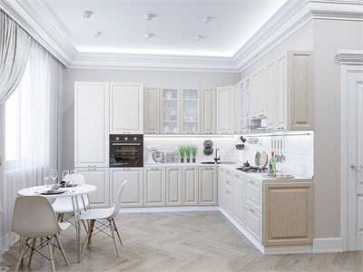 Кухонный гарнитур модульный Ницца-04 В*Ш*Г 2340*3200/2700*600, фасад МДФ/Стекло  Дуб крем, корпус  Белый, столешница  Пирит светлый ms2510VVT_77625