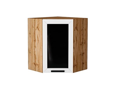 Шкаф верхний угловой остекленный Глетчер Дуб Вотан, Айленд Силк, 720 В*Ш*Г 716*600*600, фасад МДФ/Стекло  Айленд Силк, корпус  Дуб Вотан ms2510VVT_61709