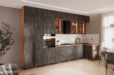Кухня Рио NEW (металл) 3,8х1,2/1080м (490) Компоновка №7 (Железный камень, Дуб Крафт (Дуб вотан)) фасад ЛДСП 16 мм / Стекло pnnon26mf_08-243631 (419738)