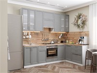 Кухонный гарнитур модульный Сканди-04 В*Ш*Г 2340*2650/1590*600, фасад МДФ/Стекло  Grey Softwood, корпус  Белый, столешница  Дуб натуральный ms2510VVT_24163