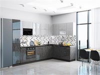 Кухонный гарнитур модульный Валерия-М-05 В*Ш*Г 2140*3200/1800*600, фасад МДФ/Стекло  Серый металлик дождь светлый/Черный металлик дождь, корпус  Белый/Graphite, столешница  Пирит темный ms2510VVT_24214